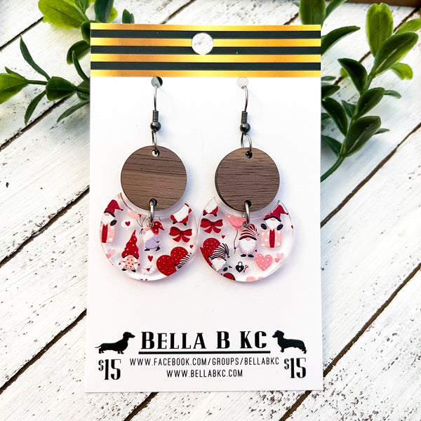 Acrylic & Wood Earrings - Valentine's Gnomes with Circle Wood Connector