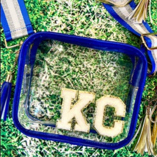 Blue Trim Clear Stadium Bag with Chenille KC & Coordinating Strap